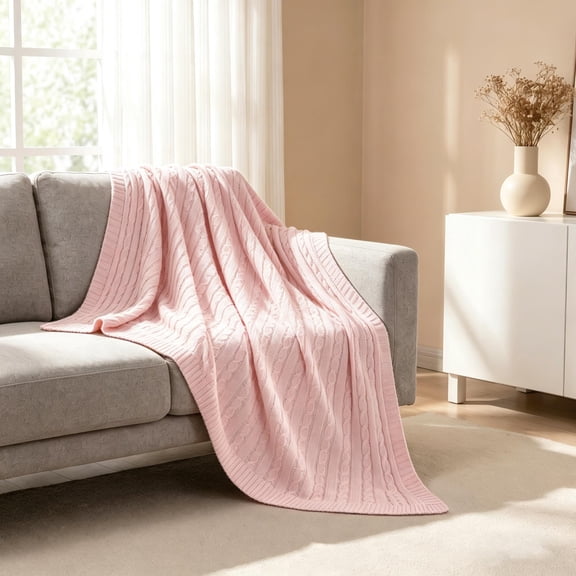 Lorviah Cable Knit Throw Blanket 51"x67" – Baby Pink, Premium Cotton, Soft & Warm, Cozy Decorative Throw for Bed, Sofa, Couch, Living Room Home Decor