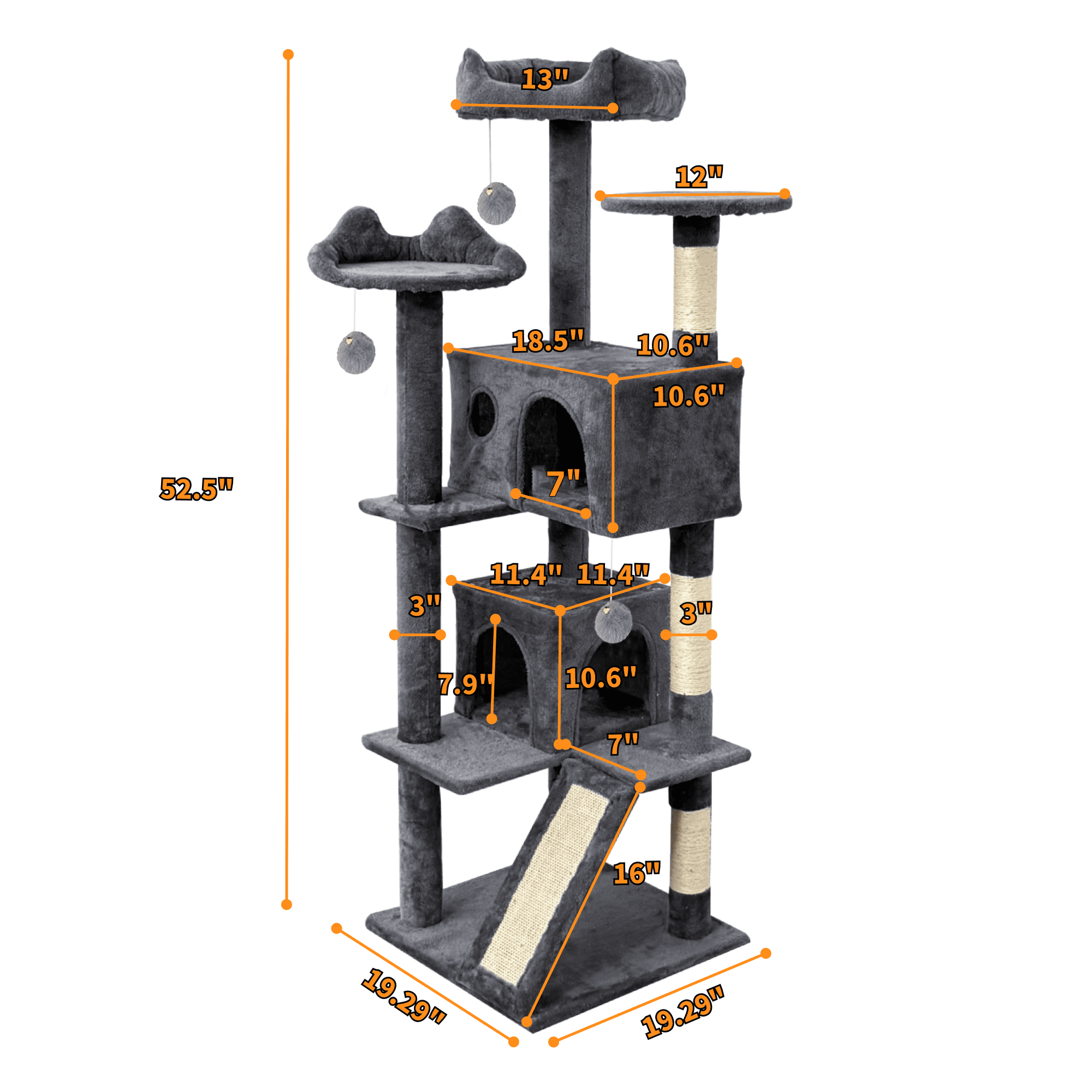 52" Tall Cat Tree Tower with Cat Condos - Large Cat Tree - Cat Tower for Indoor Cats - Play Scratch Hide Climb Activity Furniture with Toy