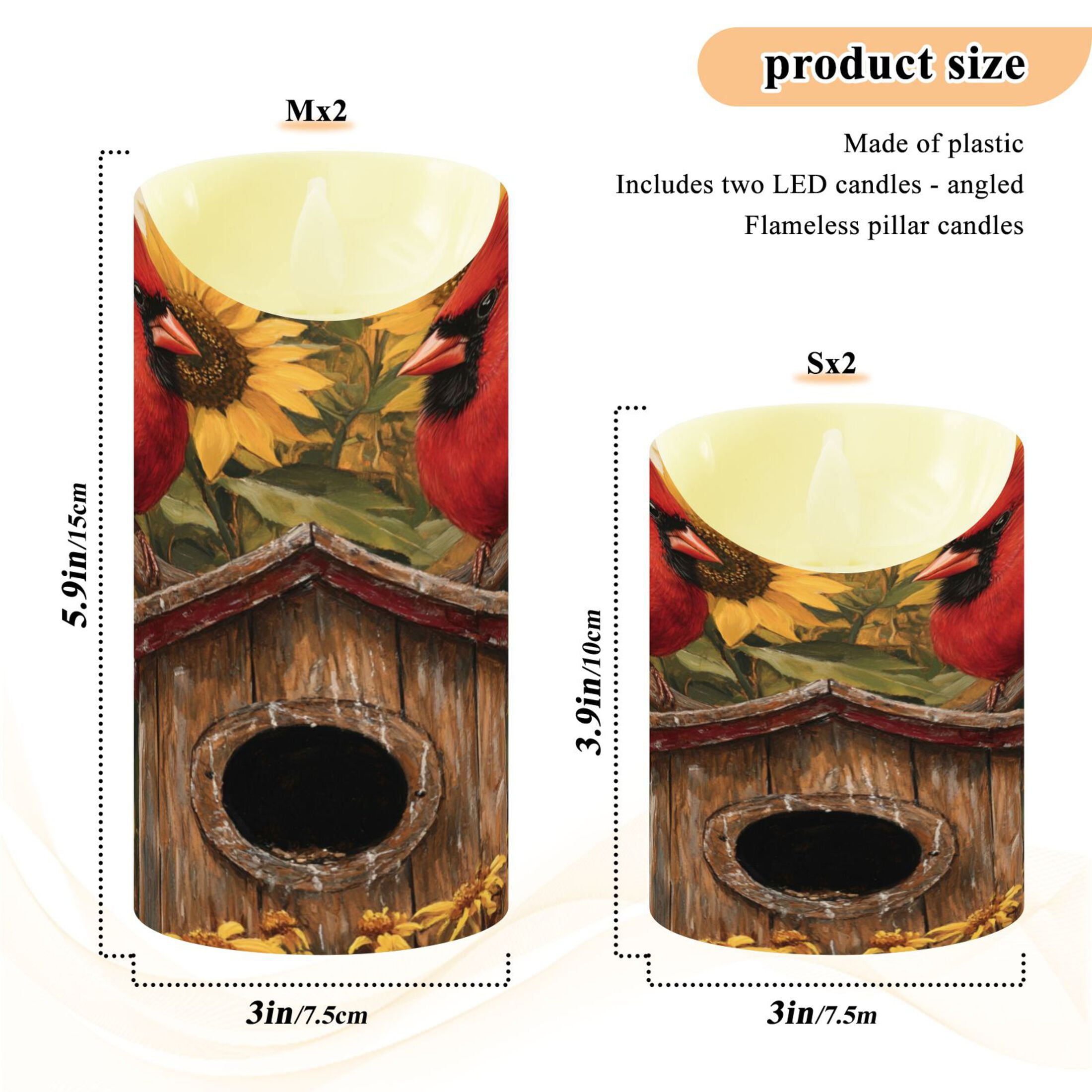 Wobogo Summer Sunflowers Cardinal Bird Flameless Candles with Remote Battery Operated Flickering LED Candles with Timer 2/4/6/8H Medium Size