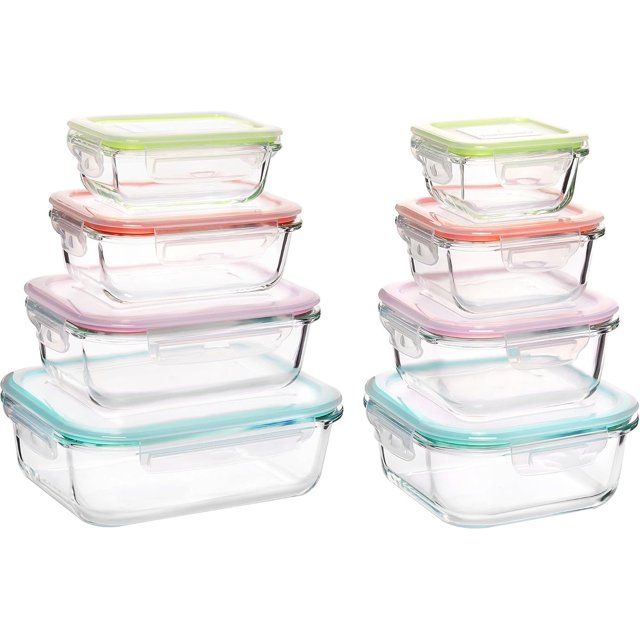 Paquete de 8 recipientes de vidrio para almacenamiento de alimentos con tapas herméticas, recipientes de vidrio para preparación de comidas, recipientes de almuerzo para microondas, horno