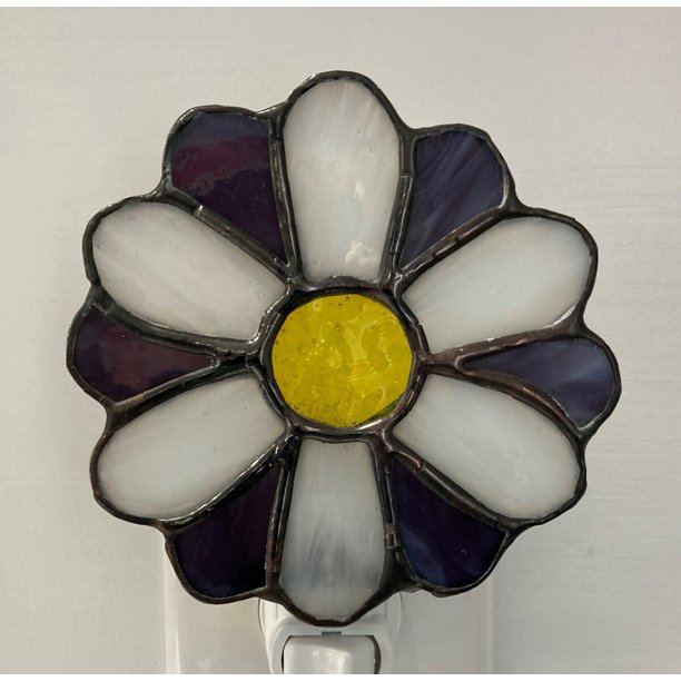 Glass Night Light white daisy petals with purple background switch control and bulb detachable