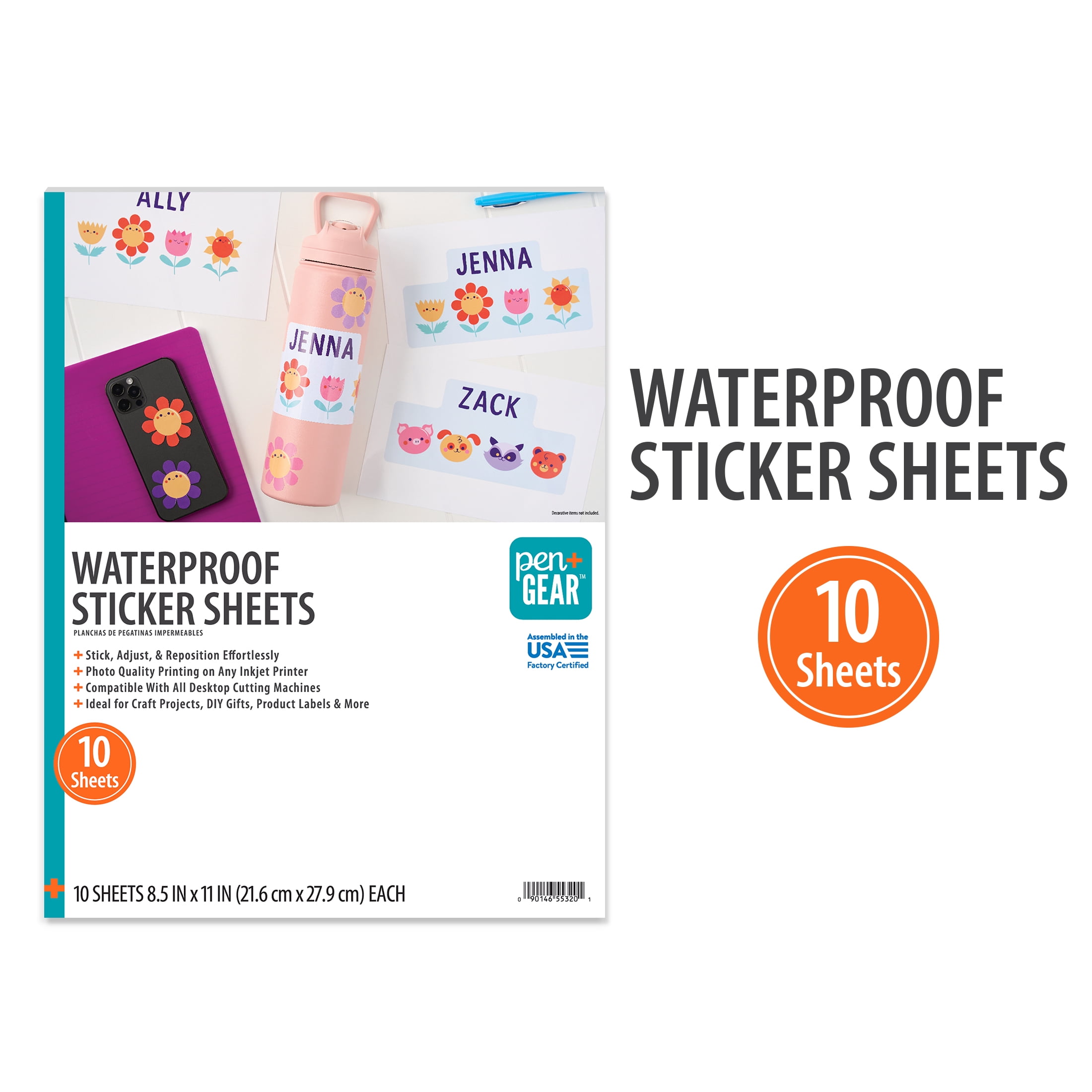 Pen+Gear Waterproof and Repositionable Sticker Paper, 8.5" x 11", 10 Sheets, White