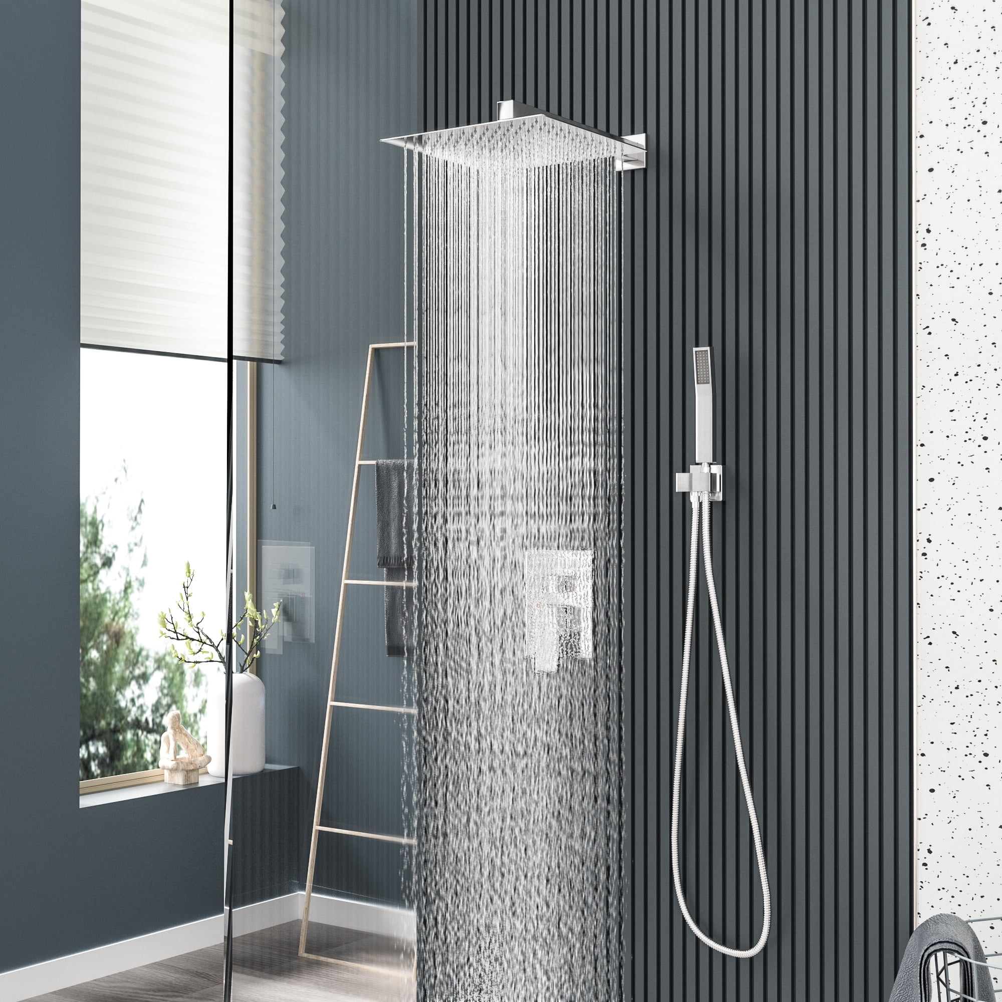Logmey 10" Wall Mounted Pressure Balancing Dual Shower Rain Shower System with Rough-in Valve and Trim Kit, Brushed Nickel Stainless Steel Shower Head