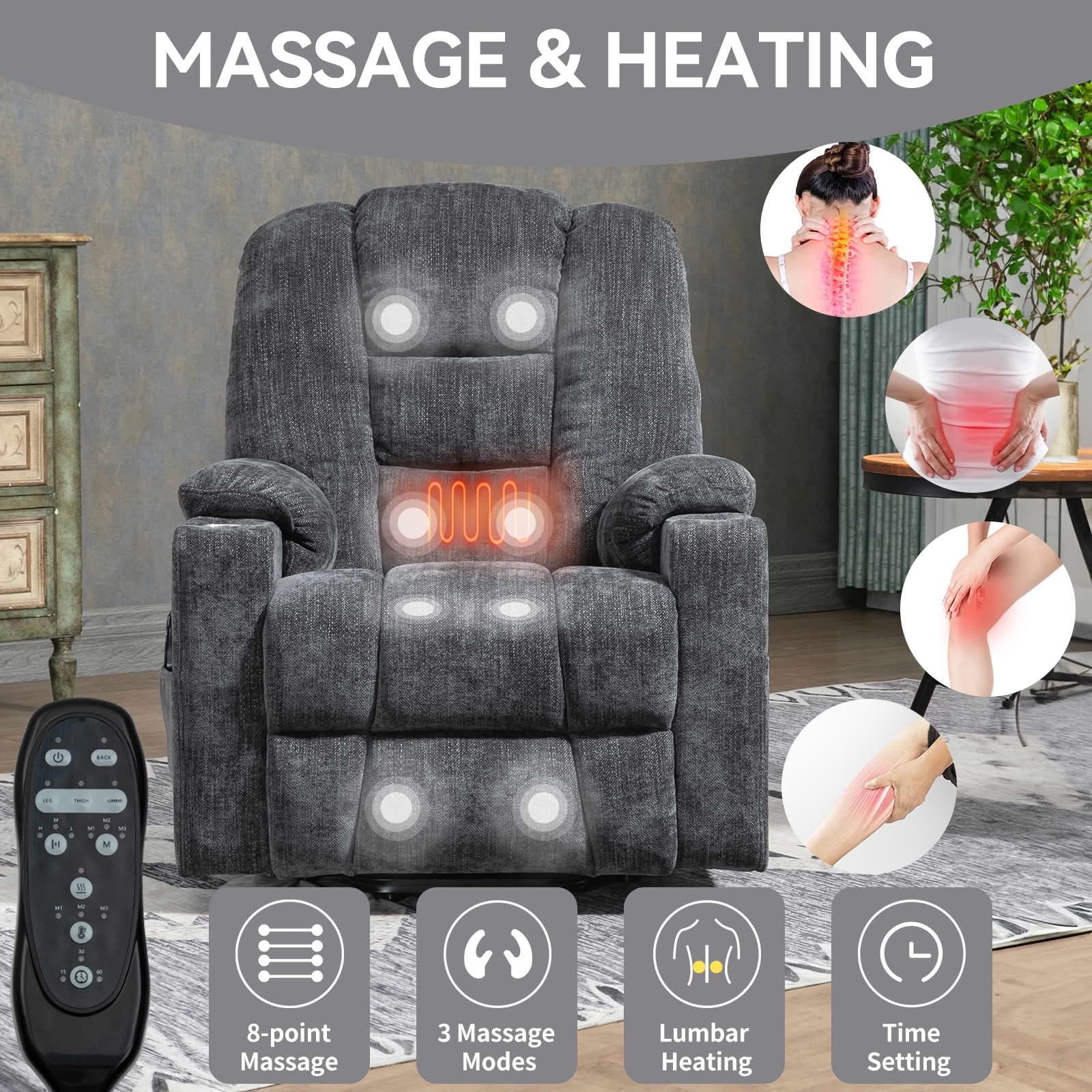 MAYEERTY Dark Grey Chenille 350lbs Power Lift Recliner, Massage Heat USB-C 34"x39"x42" Wide Overstuffed for Elderly