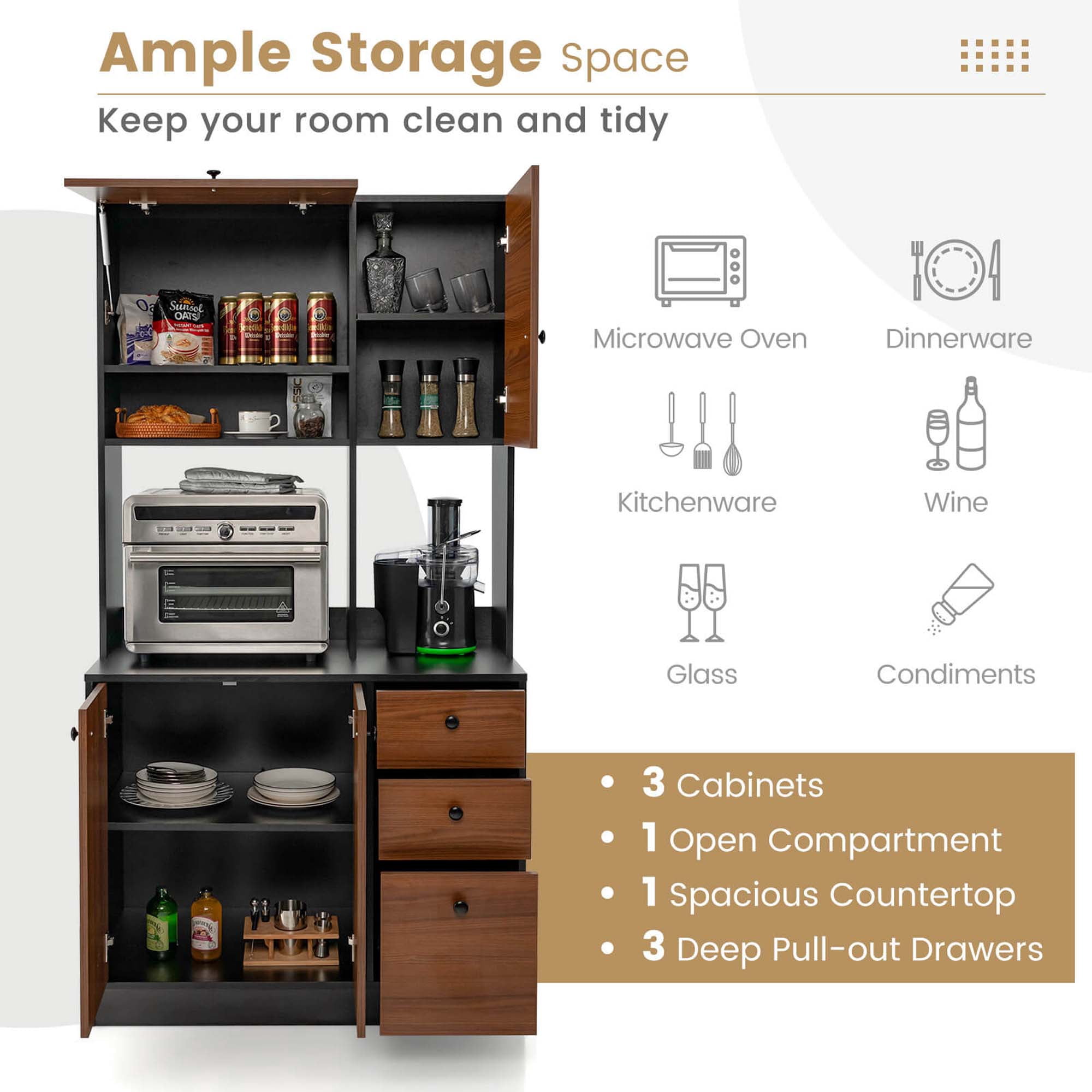 Costway 71" Tall Kitchen Pantry Buffet Hutch Freestanding Storage Cabinet 4 Doors Black