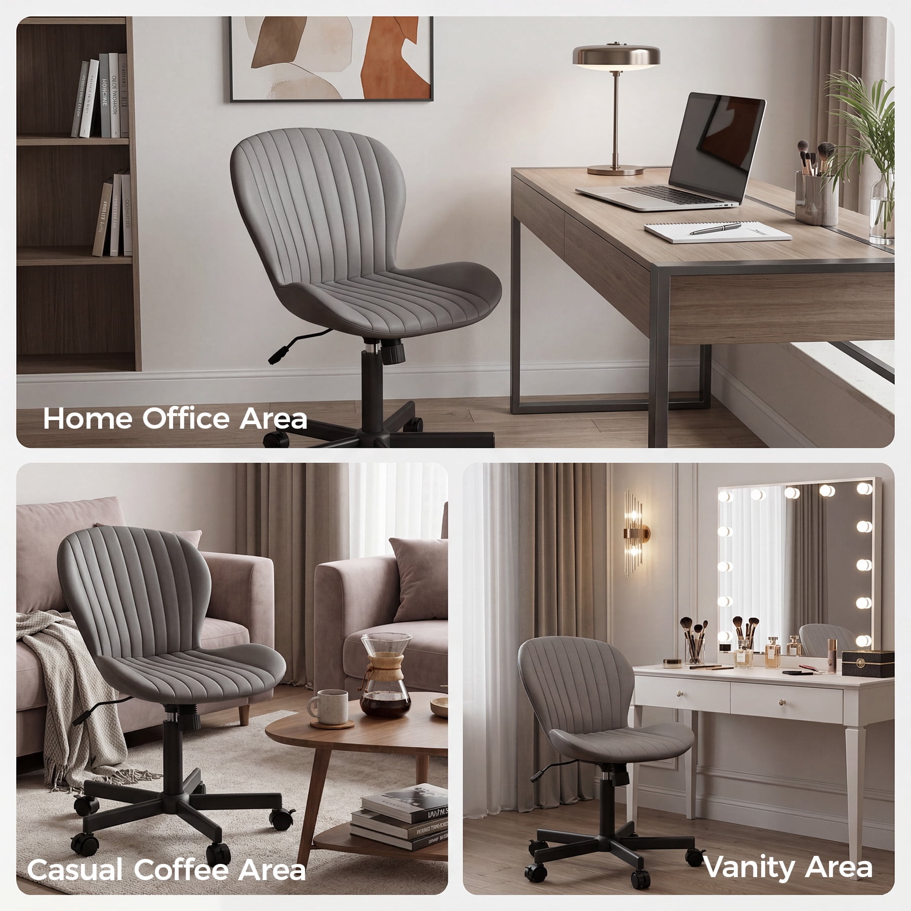 MOONMISS Mid Back PU Leather Desk Chair with Wheels,Armless Adjustable Swivel Vanity Chair for Bedroom Home Office Living Room,Gray