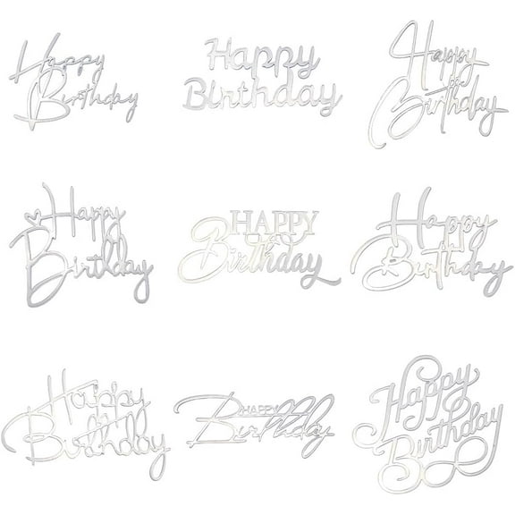 1 Box 9 Styles 18Pcs Silver Mirror Acrylic Cake Topper Happy Birthday Cupcake Toppers Bulk Plastic Shiny Double Sided Non Edible Cakes Decorations for Celebration Birthday Party Anniversaries Silver