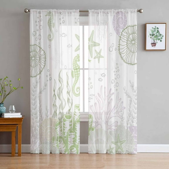 ERUNPONLY Coastal Sage Green Sheer Curtains 84 Inch Length 2 Panels Set, Ocean Coral Starfish Jellyfish Voile Window Treatment Curtains Sheers Drapes for Bedroom/Living Room/Kitchen 52"x84"x2