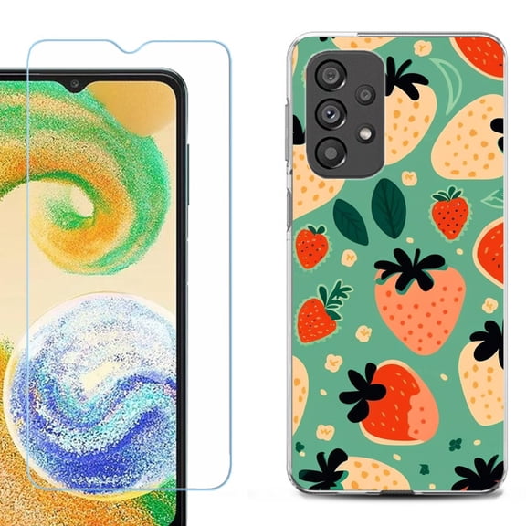 Shockproof Fashion Phone Case for Samsung Galaxy A23 5G, with Tempered Glass Screen Protector, by OneToughShield ® - Stawberry Mix