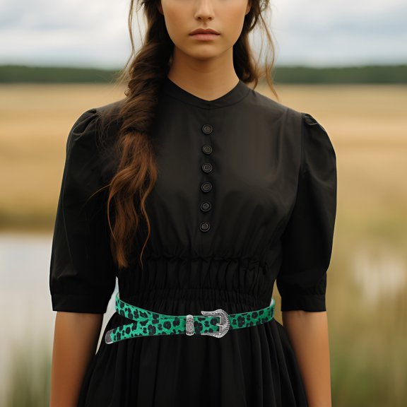 Raindrops Western Waist Belt with Green Leopard Print and Vintage Metal Buckle, Fashion Accessory for Men and Women