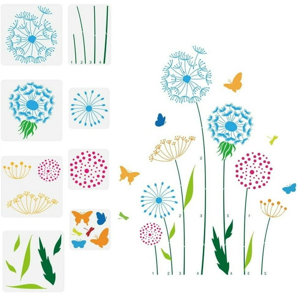 Plantilla reutilizable de 8 piezas para pintar un racimo de dientes de león, con forma de mariposa y libélula. Plantilla grande para flores y dientes de león, ideal para jardines, cercas y plantas.