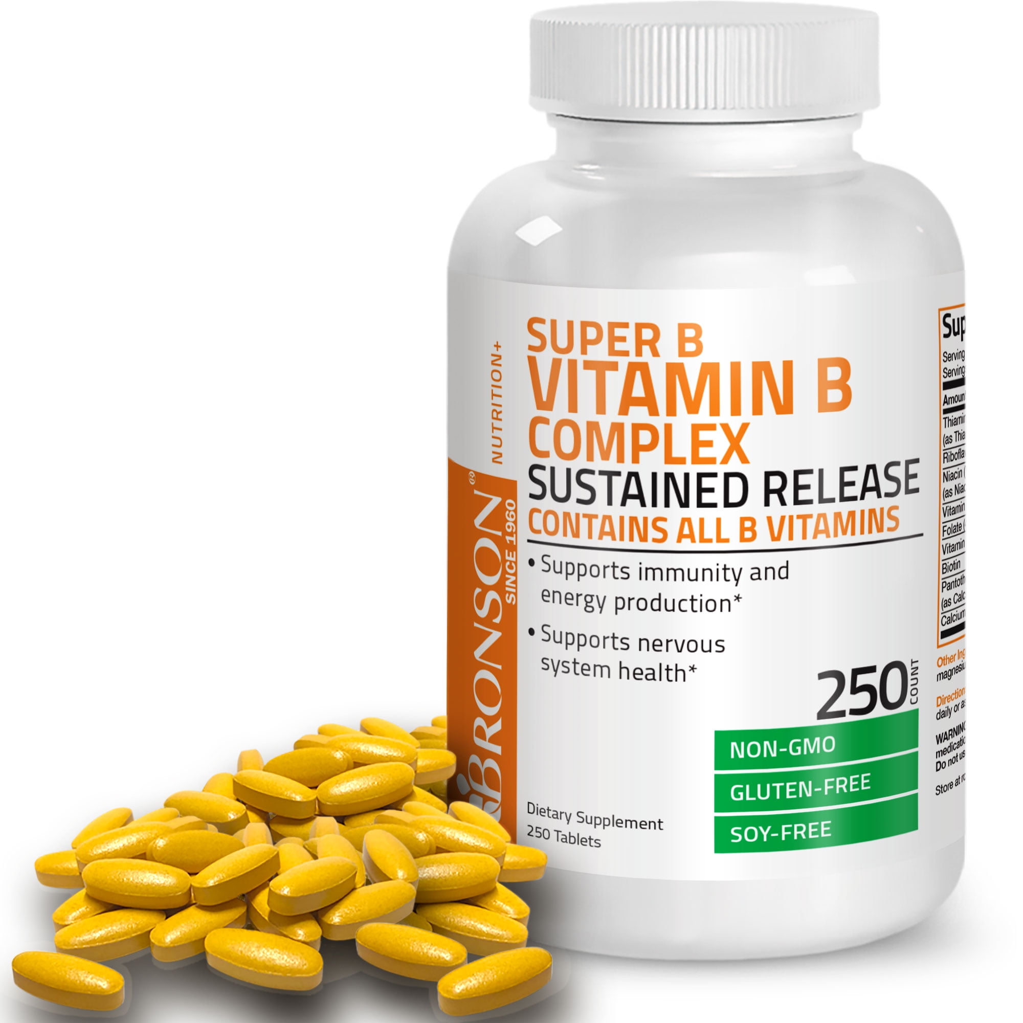 Manieren Markeer kandidaat Bronson Super B Vitamin B Complex Sustained Slow Release (Vitamin B1, B2,  B3, B6, B9 - Folic Acid, B12) Contains All B Vitamins 250 Tablets -  Walmart.com