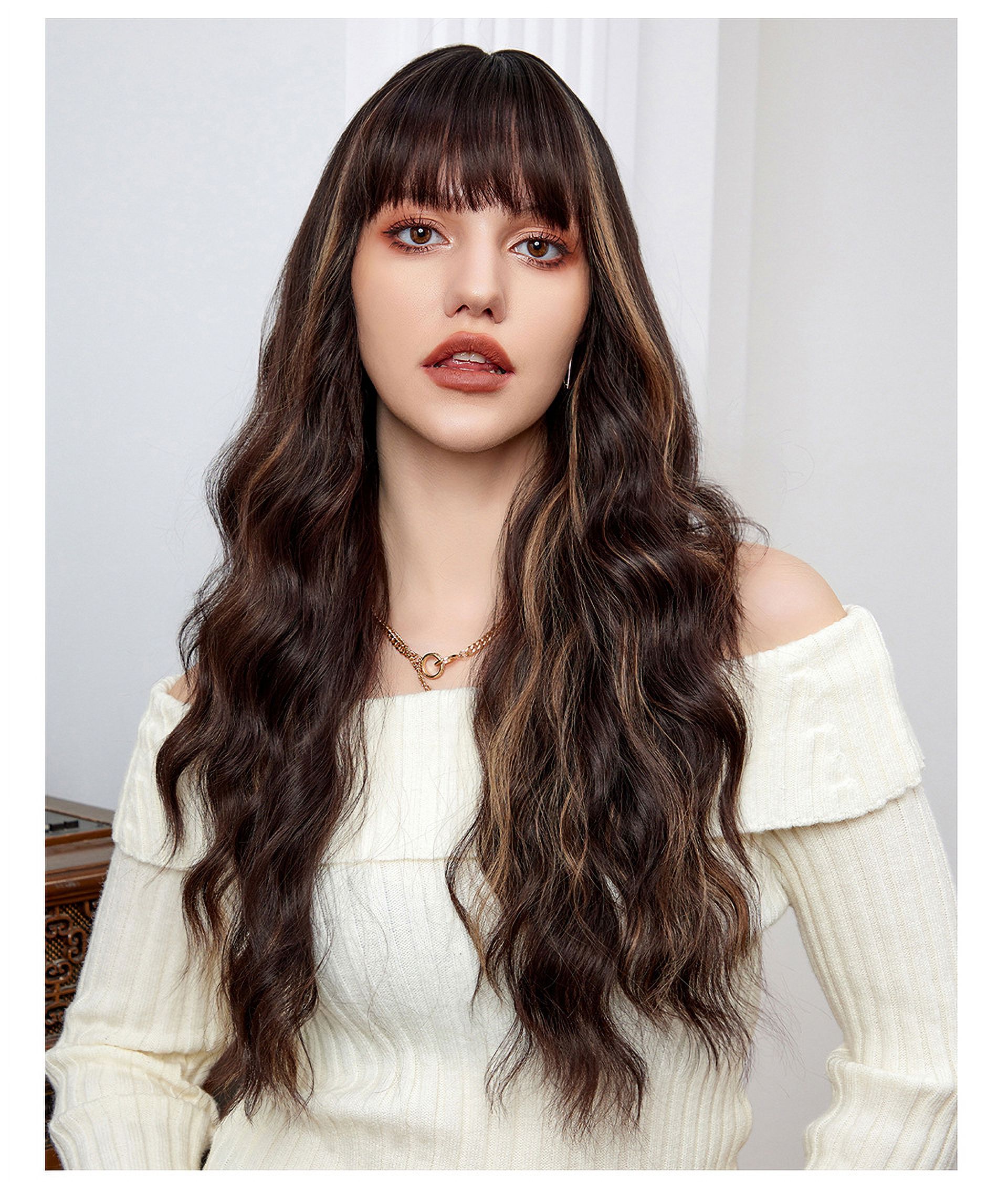 Long Curly Brown Highlight Wigs With Bangs Wig for Women Synthetic Hair Wig for Party Cosplay Daily Use -26 inches