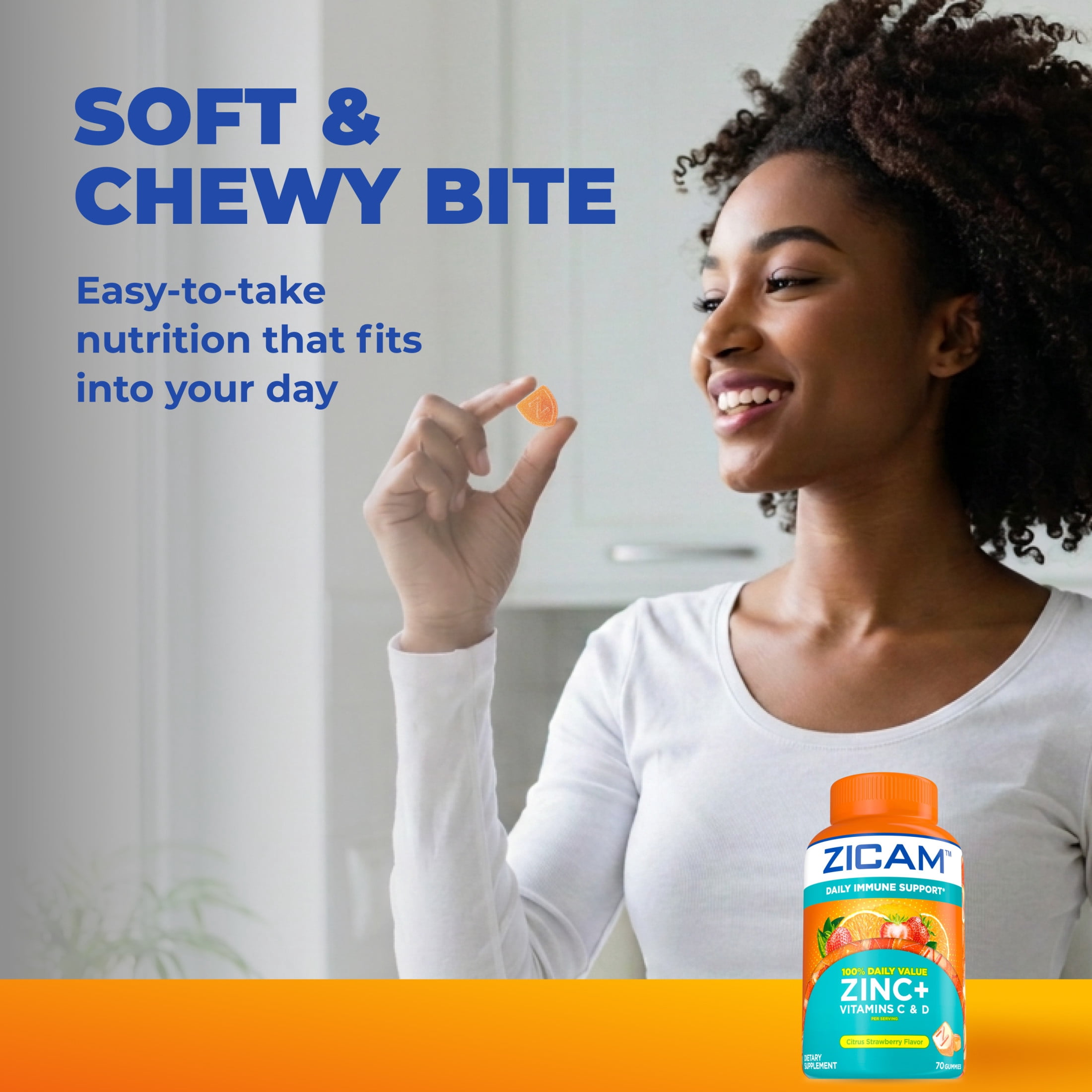 (3 pack) Zicam Daily Immune Support, Gummy Supplement, Zinc, Vitamin C and Vitamin D, Citrus Strawberry Flavor, 70 Count