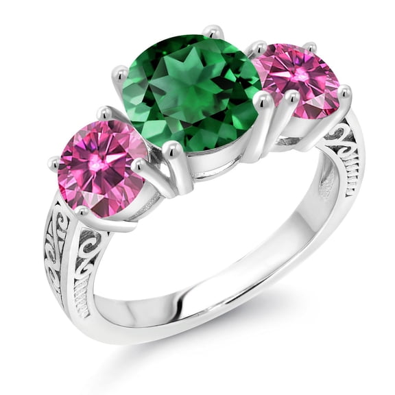 Gem Stone King 925 Sterling Silver Green Nano Emerald and Pink Moissanite Engagement Ring for Women | 3.25 Cttw | Round 8MM | Gemstone May Birthstone | Size 6
