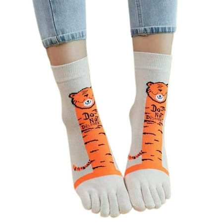 

SIEYIO Women Novelty Funny Tiger Print Five Finger Socks Split Toe Separator Cartoon Animal Middle Tube Cotton Anklet Hosiery Christmas Gift