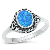 CHOOSE YOUR COLOR Bali Oval Blue Simulated Opal Ring .925 Sterling Silver Band CZ Female Size 5