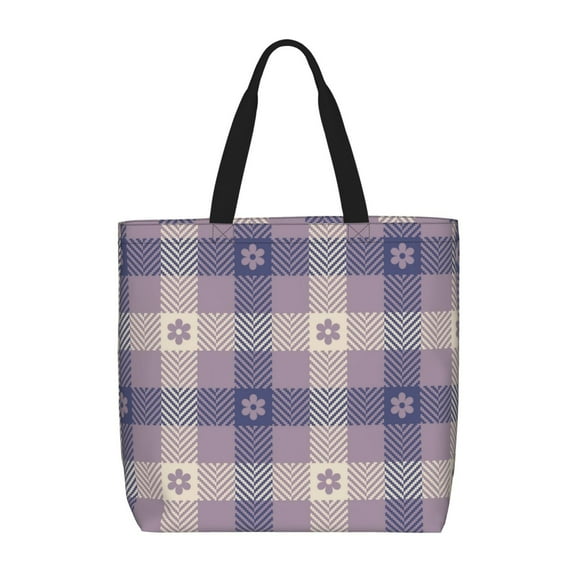 Vsdgher Purple Floral Gingham Check Plaid print Tote Bag for Women Shoulder Bag with Zipper Large Shoulder Bag Handle Handbag Portable Washable for Travel, Work