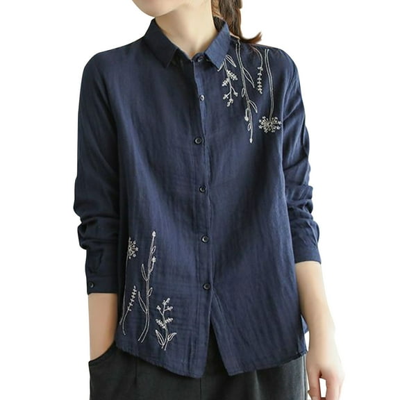 Womens Blouses Long Sleeve Shirts Casual Button Down V Neck Blouse Tops Summer Cotton Shirts Solid Collared Shirts Top Navy L 2