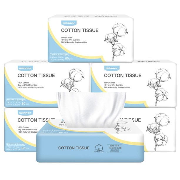 Winner 25 Thicker Biodegradable Face Wipes, 100 Cotton Facial Wipes