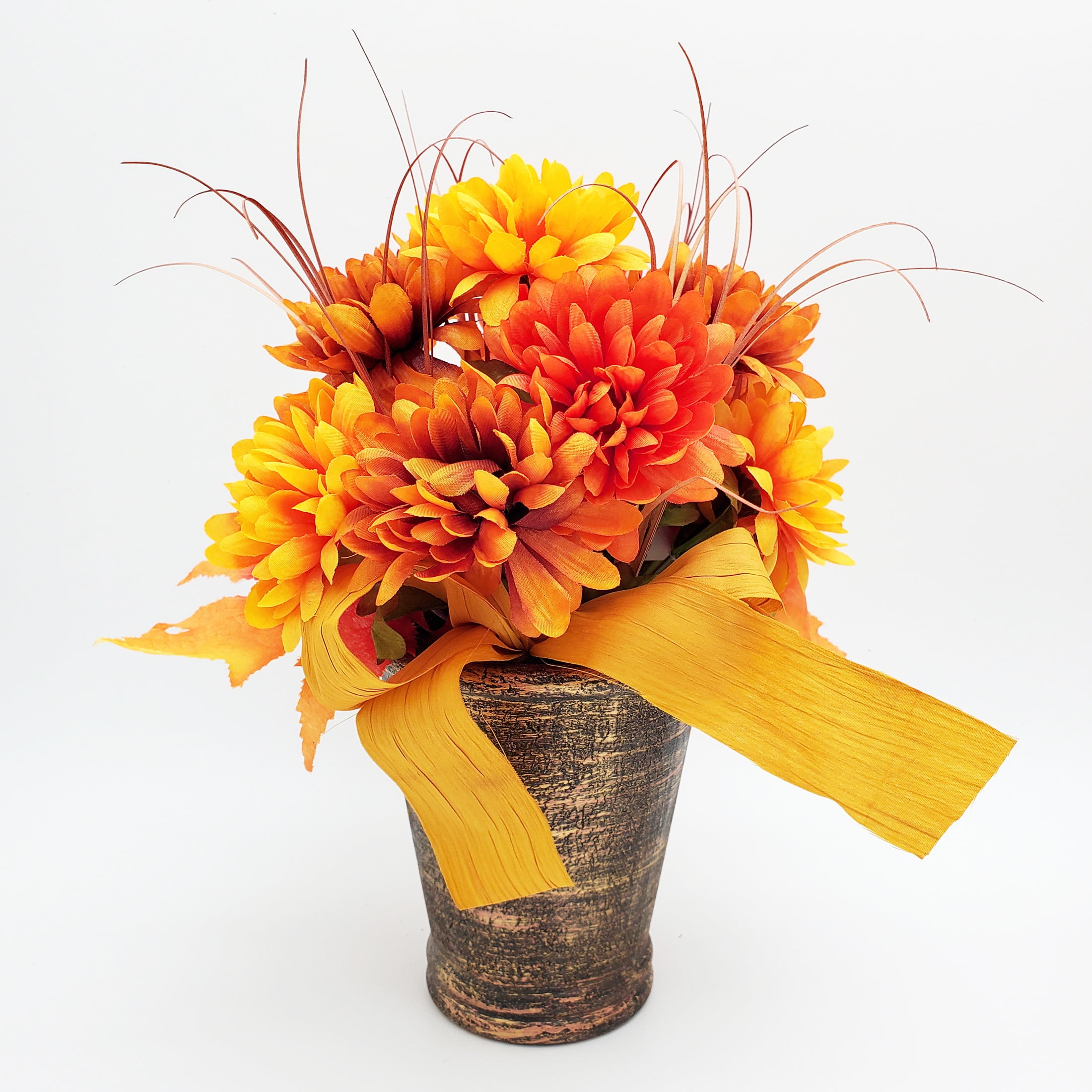 Way to Celebrate Harvest Yellow & Orange Mum in Faux Pot with Dark