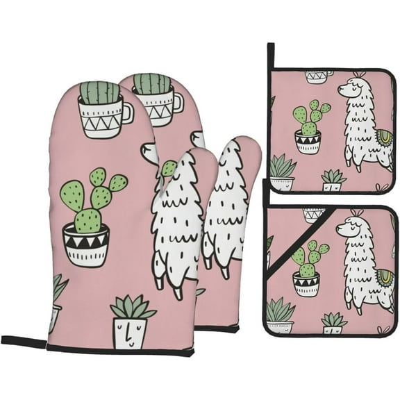 peyaoo Alpaca and Cactus Oven Mitts and Pot Holders Sets for Kitchen 4 Pcs 7"X11" Heat Resistant Baking Cooking