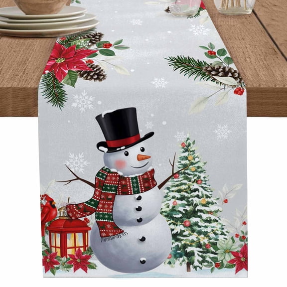 nqOlkjepod Grey Christmas Table Runner 70 Inches Long Farmhouse Dress Scarves, Snowman Xmas Tree Poinsettia Snowflake Dining Tablerunner for Coffee Table/Kitchen Island/Party Décor, 13" x 70"