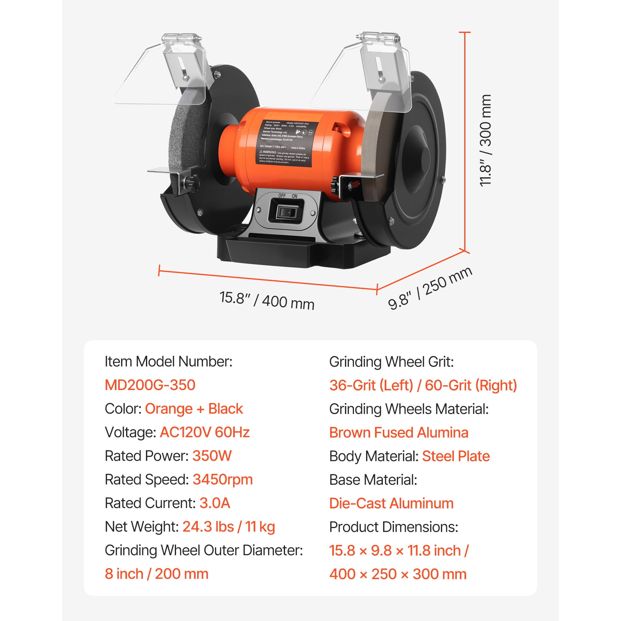 KFFKFF 8-Inch Bench Grinder with 3450RPM Speed, 350W Induction Motor, Dual 36/60-Grit Wheels, and Adjustable Eye Shield for Efficient Sharpening and Grinding
