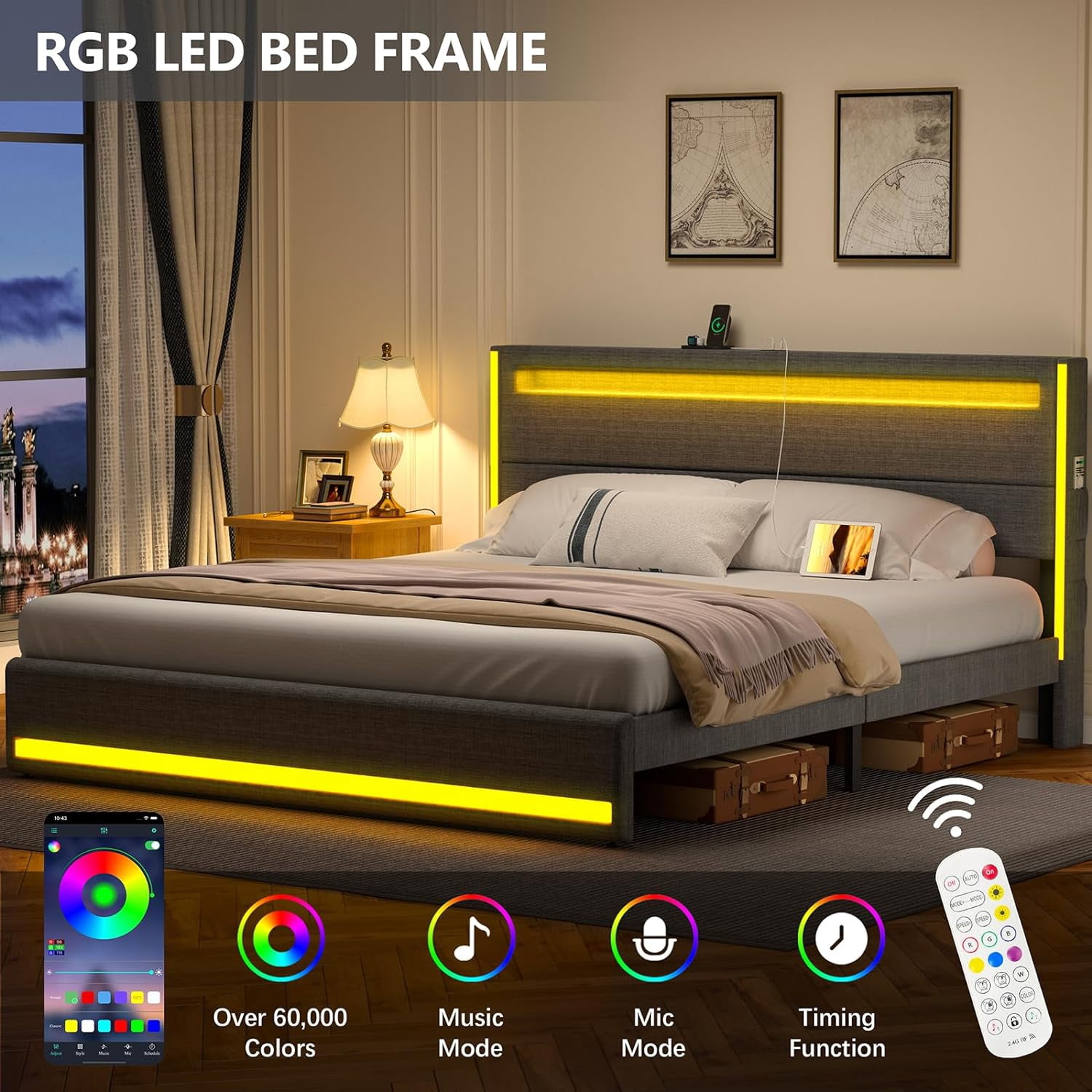 Gacfiew King Size Bed Frame, LED Bed Frame with Upholstered Headboard, King Bed Frame with Charging Station, Heavy Duty Metal Slats, No Box Spring Needed, Easy Assembly, Dark Grey