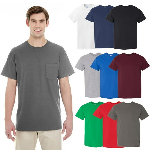 Gildan Men's Assorted Short Sleeve Pocket T-Shirt, Heavy Cotton Crewneck Tee, 9 Pack Mix Bulk, 100 Cotton, S