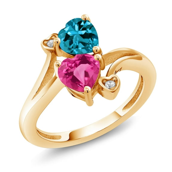 Gem Stone King 1.78 Ct Heart Shape London Blue Topaz Pink Created Sapphire 10K Yellow Gold Ring (Size 6)