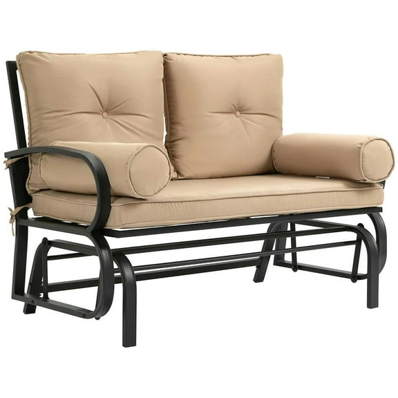 Canddidliike Swing Glider Rocking Chair, 2 Person Loveseat with Steel Frame, Cushions, Double Patio Bench for Outdoor, Pillow Armrests, Khaki