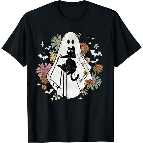 Spooky Ghost Holding Black Cat Groovy Floral Halloween Goth T-Shirt