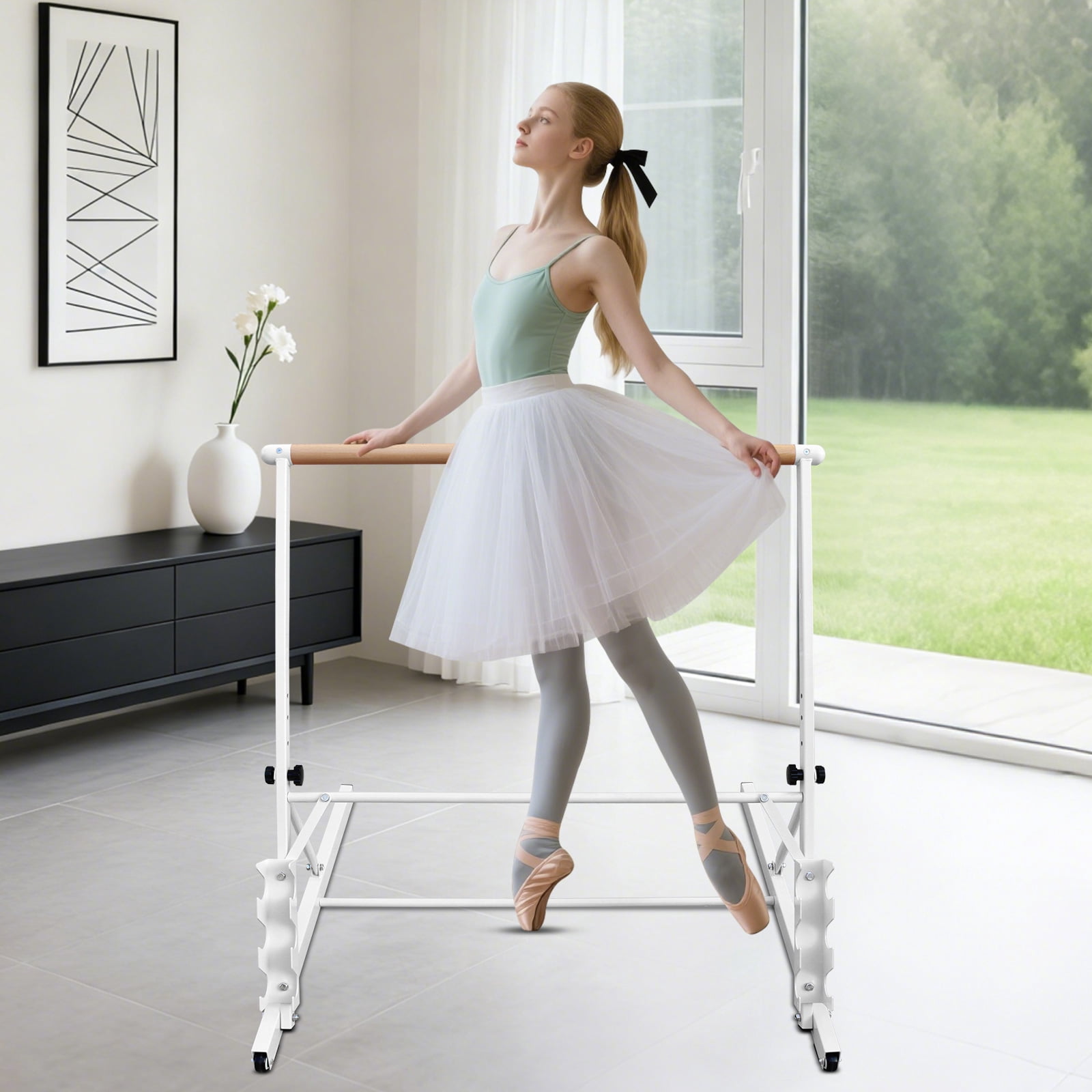 Solid Wood Ballet Barre 3.5FT with Adjustable Height 31.5-39.5 Inches, Portable Dance Practice Barre with Wheels for Home, Studio, Adjustable, White