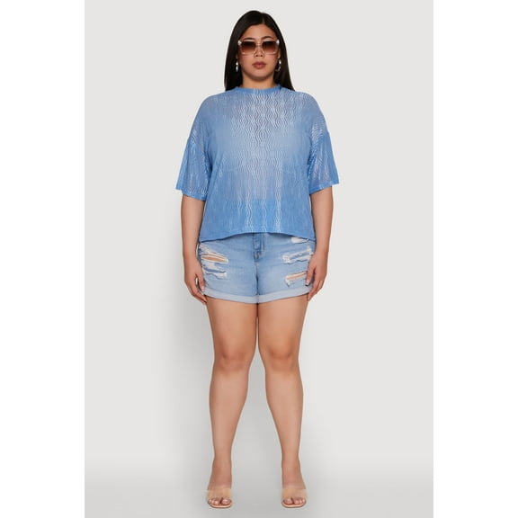 Womens Plus Size Chic Sheer Mesh Blouse with Crew Neck and Short Sleeves