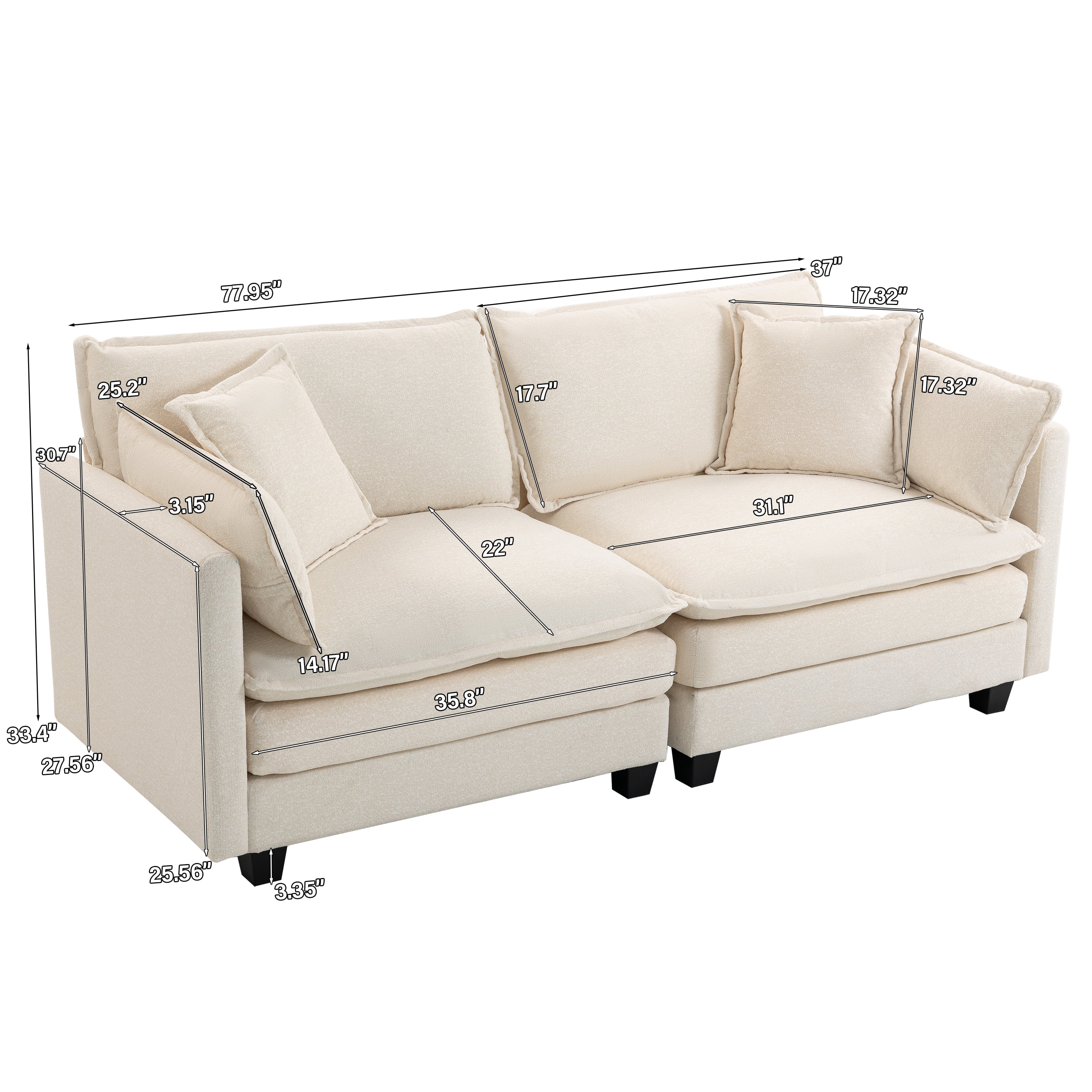 Modular Sectional Sofa with Waist Pillows, 2-Seat Upholstered Couch with Chaise Lounge for Living Room, Apartment, Small Space, Antique White