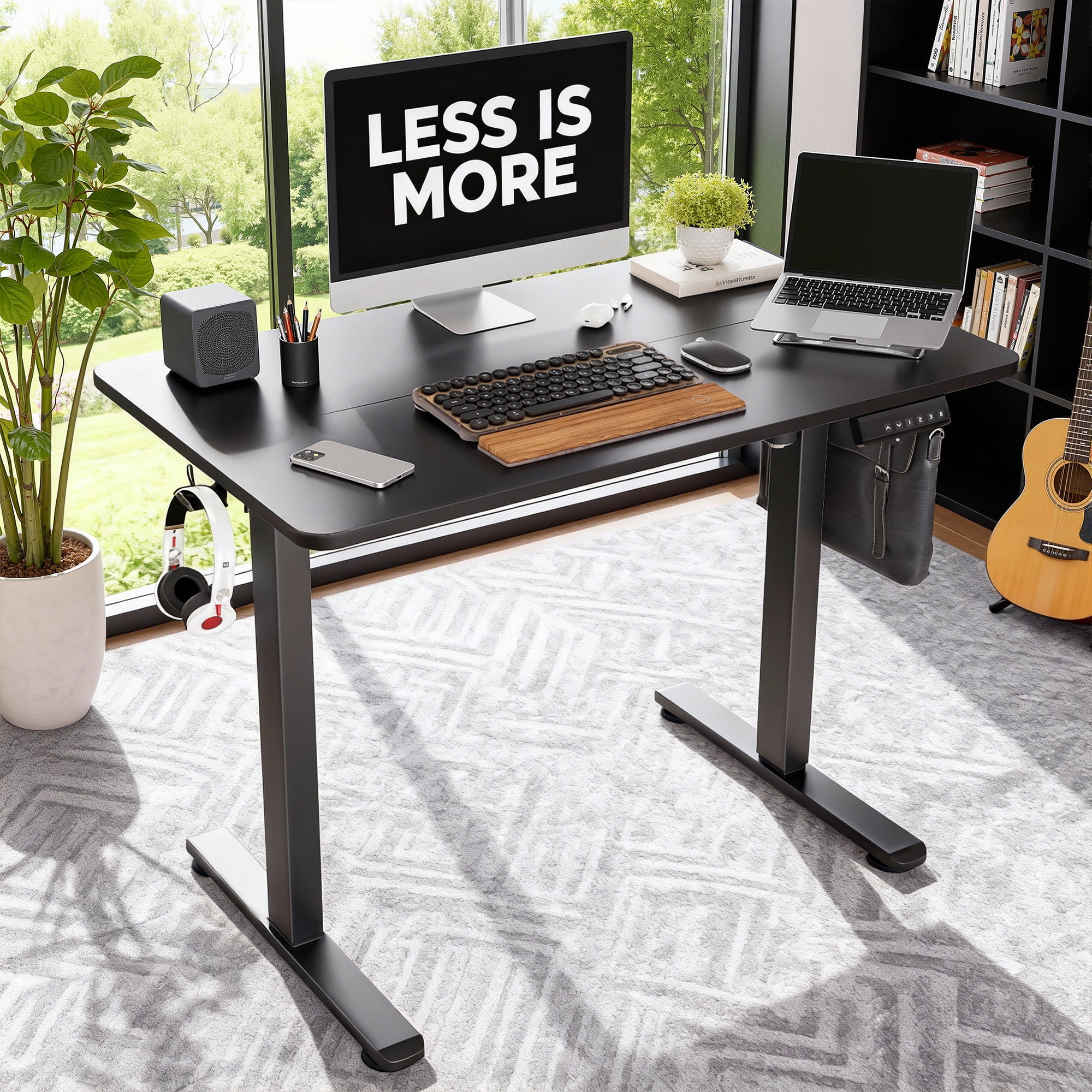 MAYEERTY 40×24" Electric Height-Adjustable Desk, Sit Stand Desk with Side Hooks for Home & Office, Black