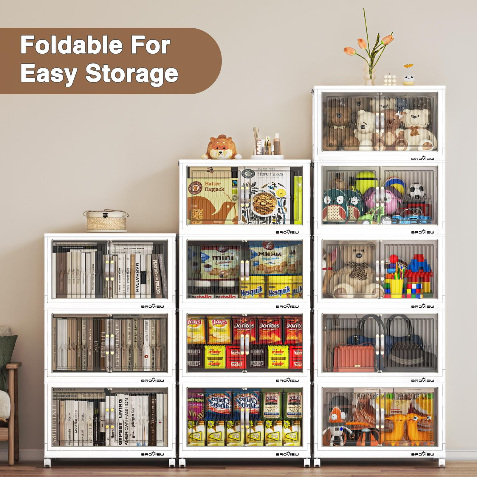 Broview 300Gal Large Stackable Storage Bins with Lid & Doors, 1200QT Folding Closet Organizers with 8x Wheels, Plastic Containers With Drawers, Collapsible Cabinets Boxes for Home, 10Pack White, V8