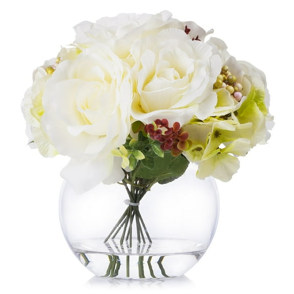 Enova Home Artificial Rose and Hydrangea Silk Flowers Arrangement in Round Glass Vase with Faux Water (Cream)