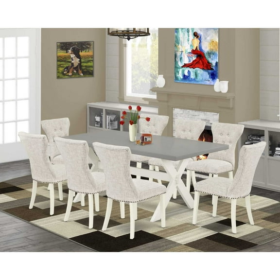 East West Furniture 9-Piece Dining Room Table Set- 8 Kitchen Parson Chairs with Doeskin Linen Fabric Seat and Button Tufted Chair Back - Rectangular Table Top & Wooden Cross Legs - Cement and...