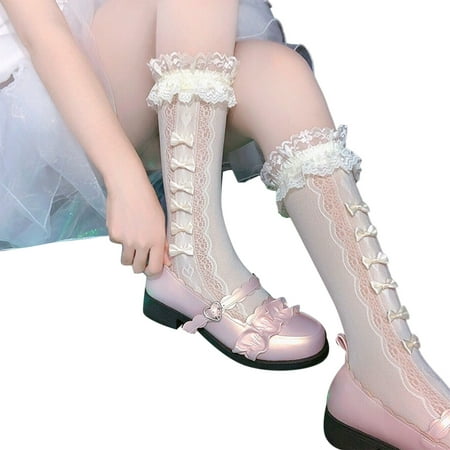 

Japanese Gothic Women Lolita Crew Socks Sweet Ruffled Trim Satin Bowknot Full Lace Princess Maiden Cosplay Stockings