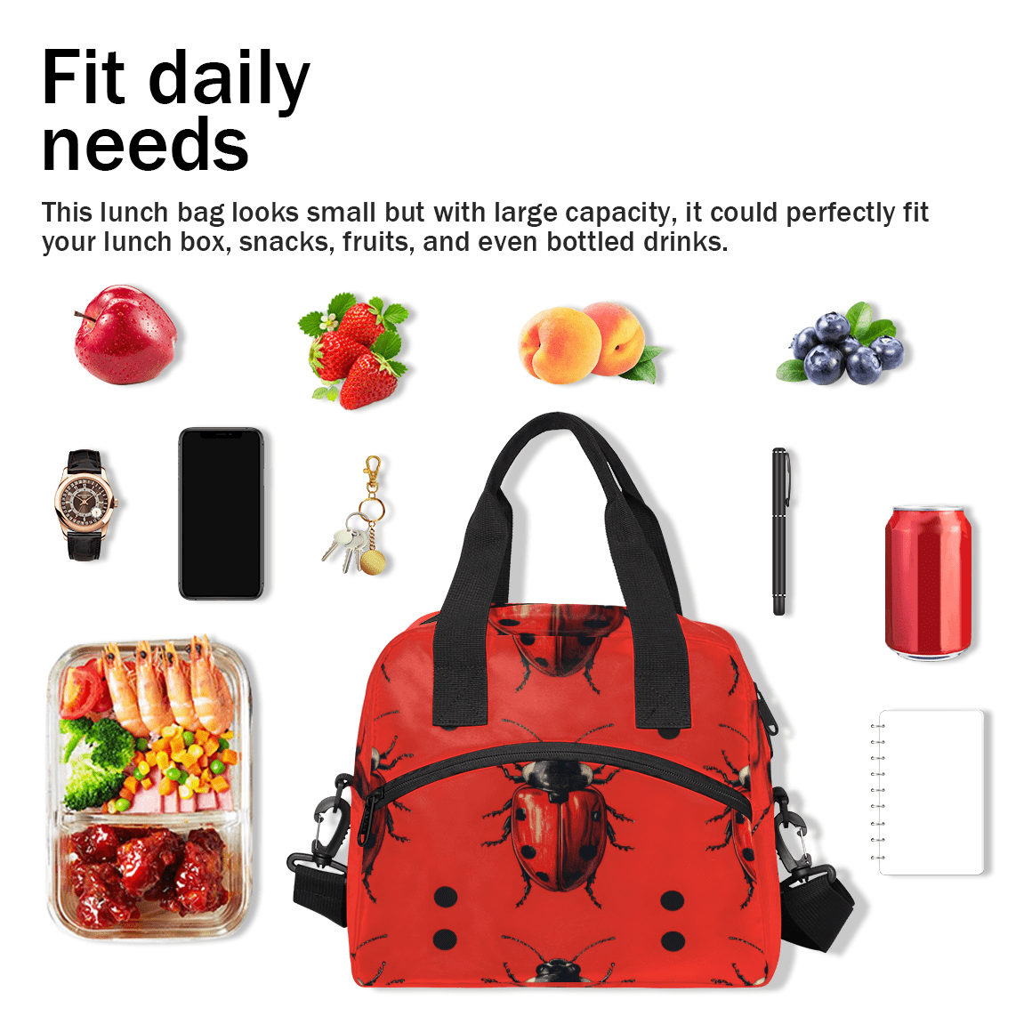 Herdesigns Animal Insulated Lunch Bag for Women Men Adults Large Reusable Lunch Box Cute Ladybugs Leakproof Cooler Tote Bags with Adjustable Shoulder Strap