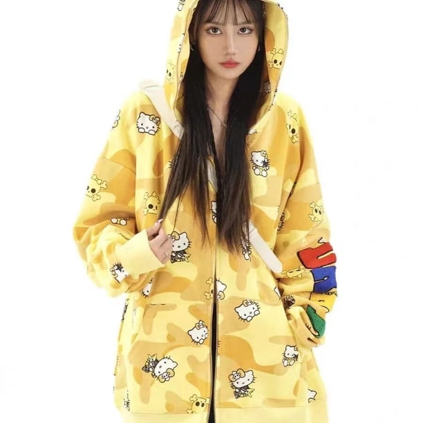 Sanrio Hello Kitty Hooded Sweater Anime Fashion Embroidery Cardigan Zipper Top Cotton Korean Loose Couple Coat Winter Y2K Girls
