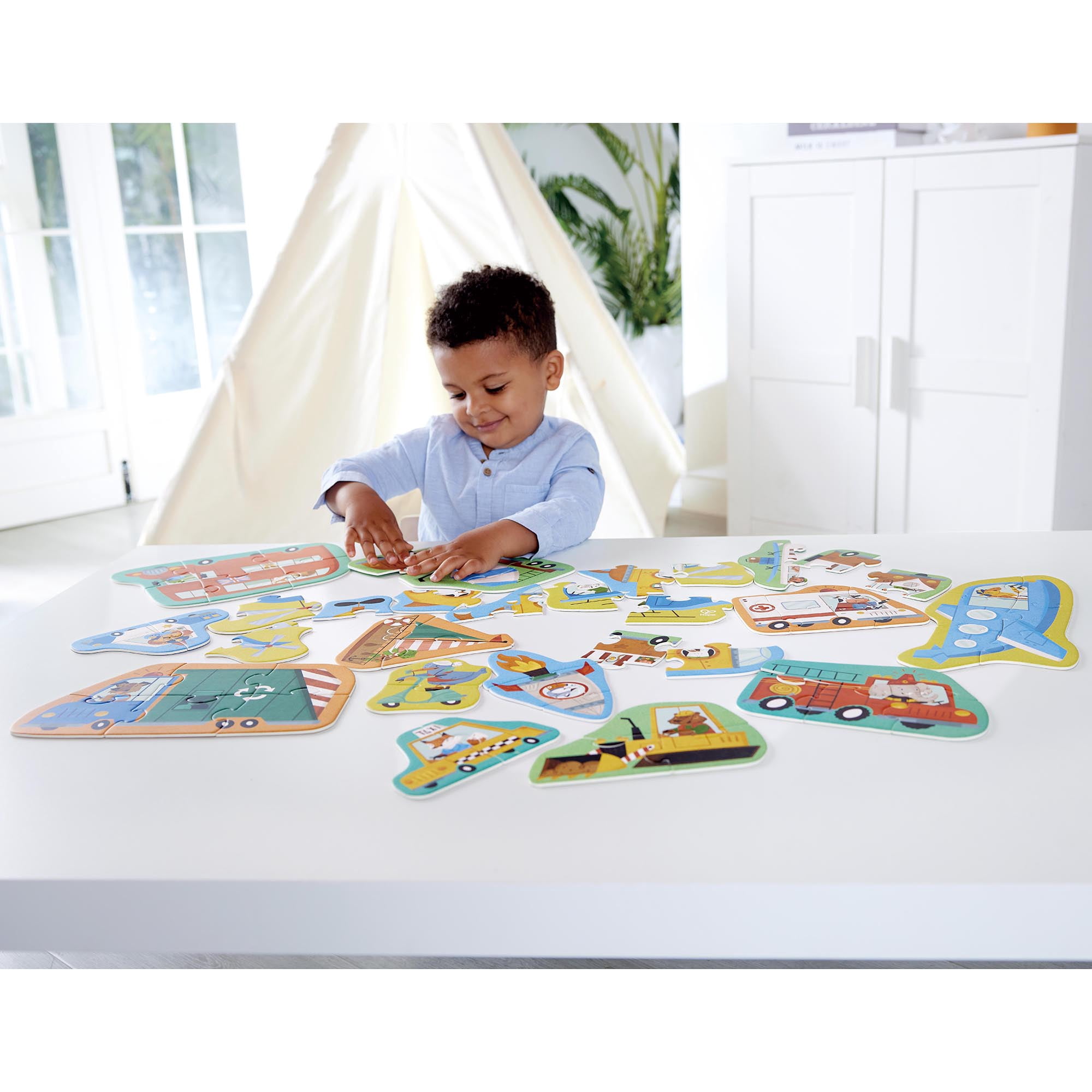 Hape: Wheels & Wonders Puzzle - 15 Mini Vehicle Shaped Puzzles, 2-6 Oversized Pieces Each, Animal & Transportation Themed, Toddlers & Kids Ages 18mo+