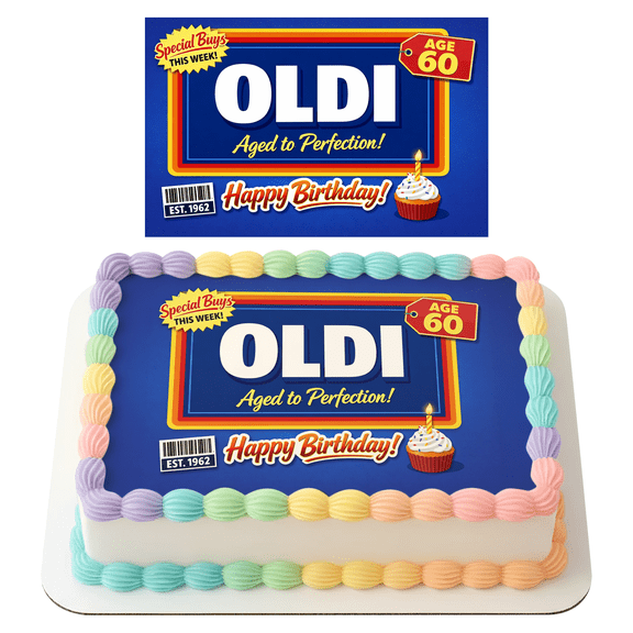 SugarMeLicious Oldi Aged to Perfection 60 Cake Image Topper, Funny Grocery Parody Birthday Cake Decoration, Personalized 1/4 Sheet Edible Cake Banner for 60th Birthday Parties