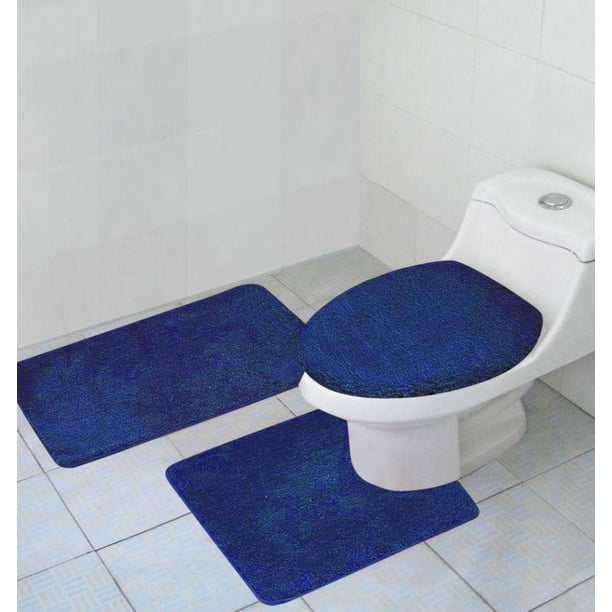 Hailey 3 Piece Bathroom Rug Set Bath Mat Contour Toilet Seat Lid Cover Navy Com - Bathroom Rug Set With Toilet Seat Cover