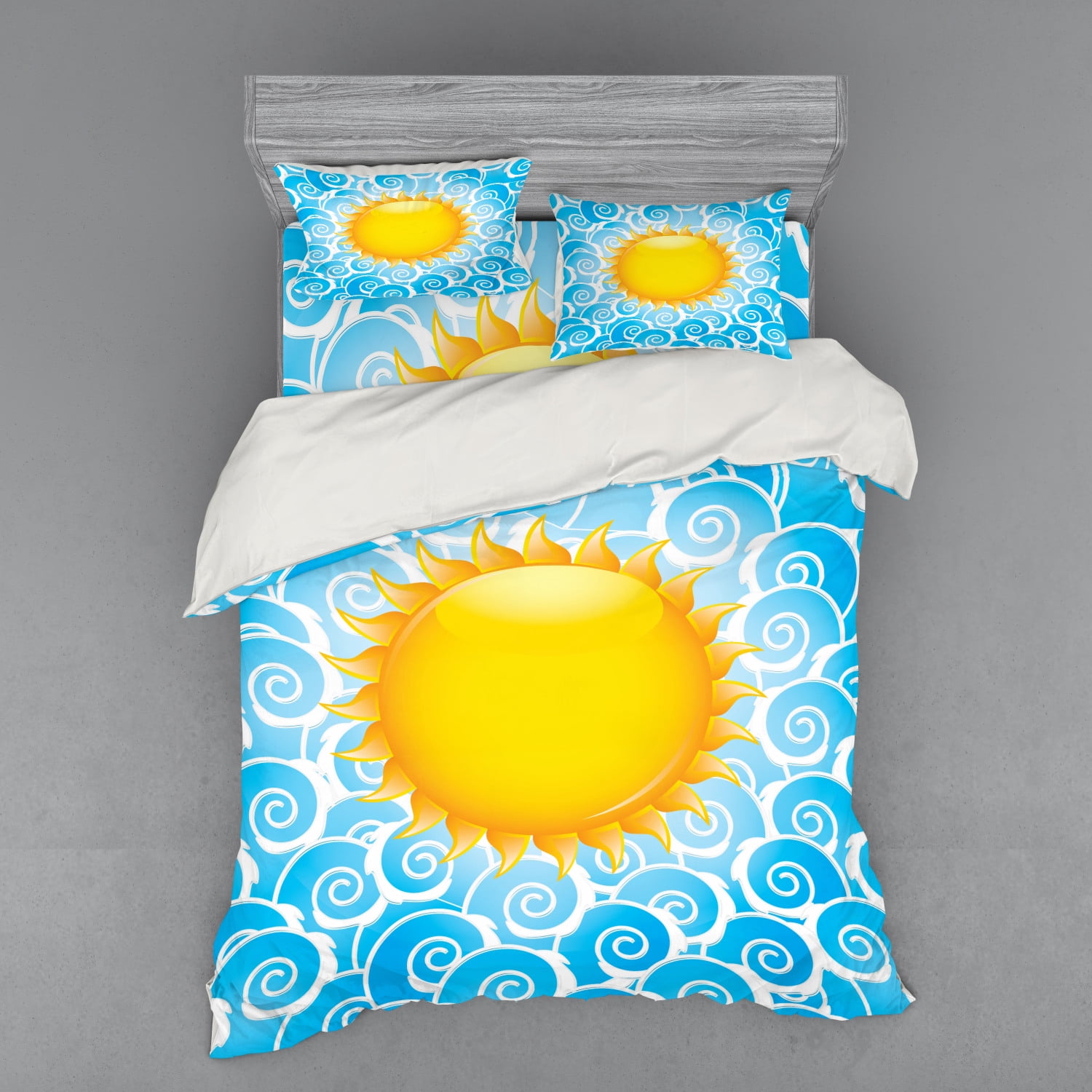 Summer Duvet Cover Set, Vivid Sun Pattern over Blue Waves Vacation