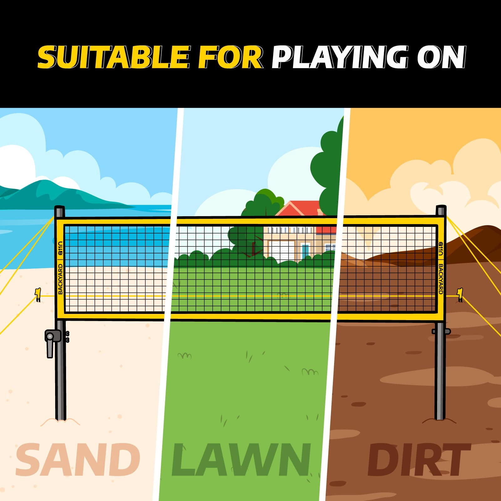 Outdoor Volleyball And Badminton Combo Set - Includes Adjustable Height Anti-sag Net  Air Pump 4 Rackets 2 Shuttlecocks Boundary Line Marker Carrying Bag