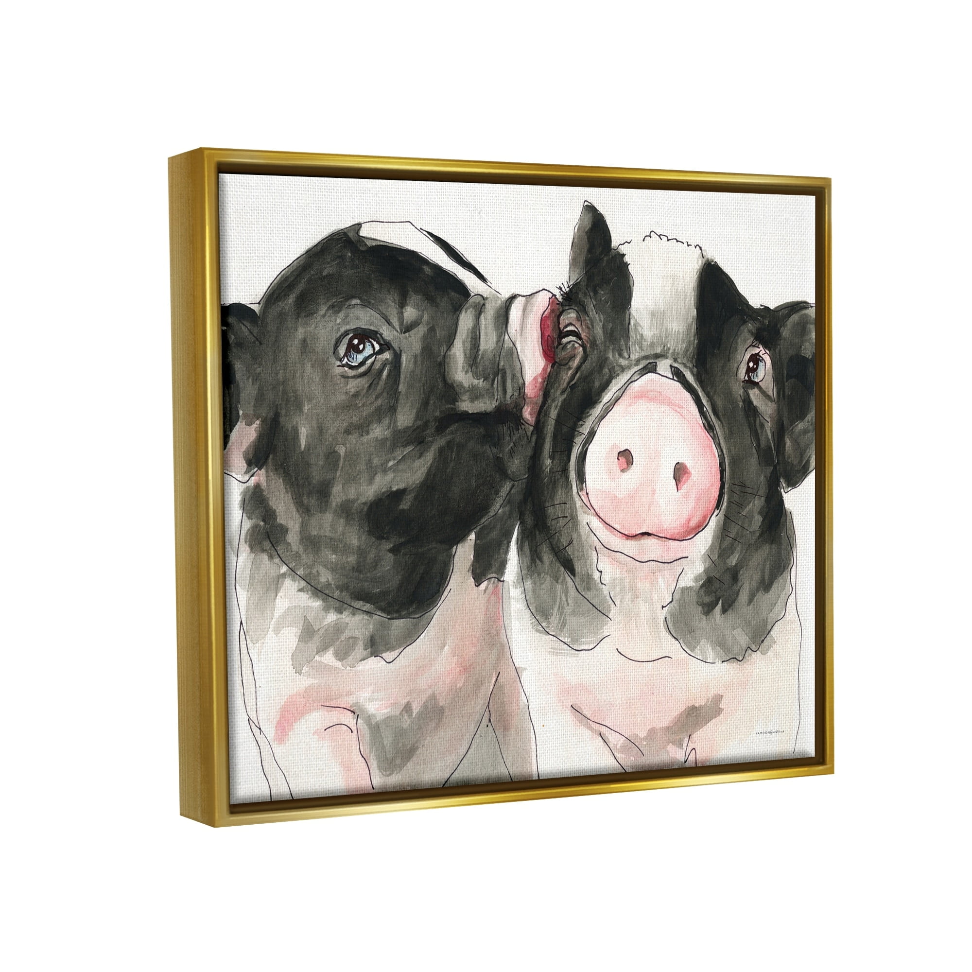 Stupell Industries Two Pigs Pink Snout Kiss Adorable Farm Animals Painting Metallic Gold Floating Framed Canvas Print Wall Art, Design by Kamdon Kreations