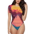 thumbnail image 2 of Uemuo Neon Sunset Cyberpunk Cityscape Pattern Women's One Piece Short Sleeve Swimsuit Rash Guard Surfing Modest Quick-drying Swimsuit Beach Essentials-Medium, 2 of 9